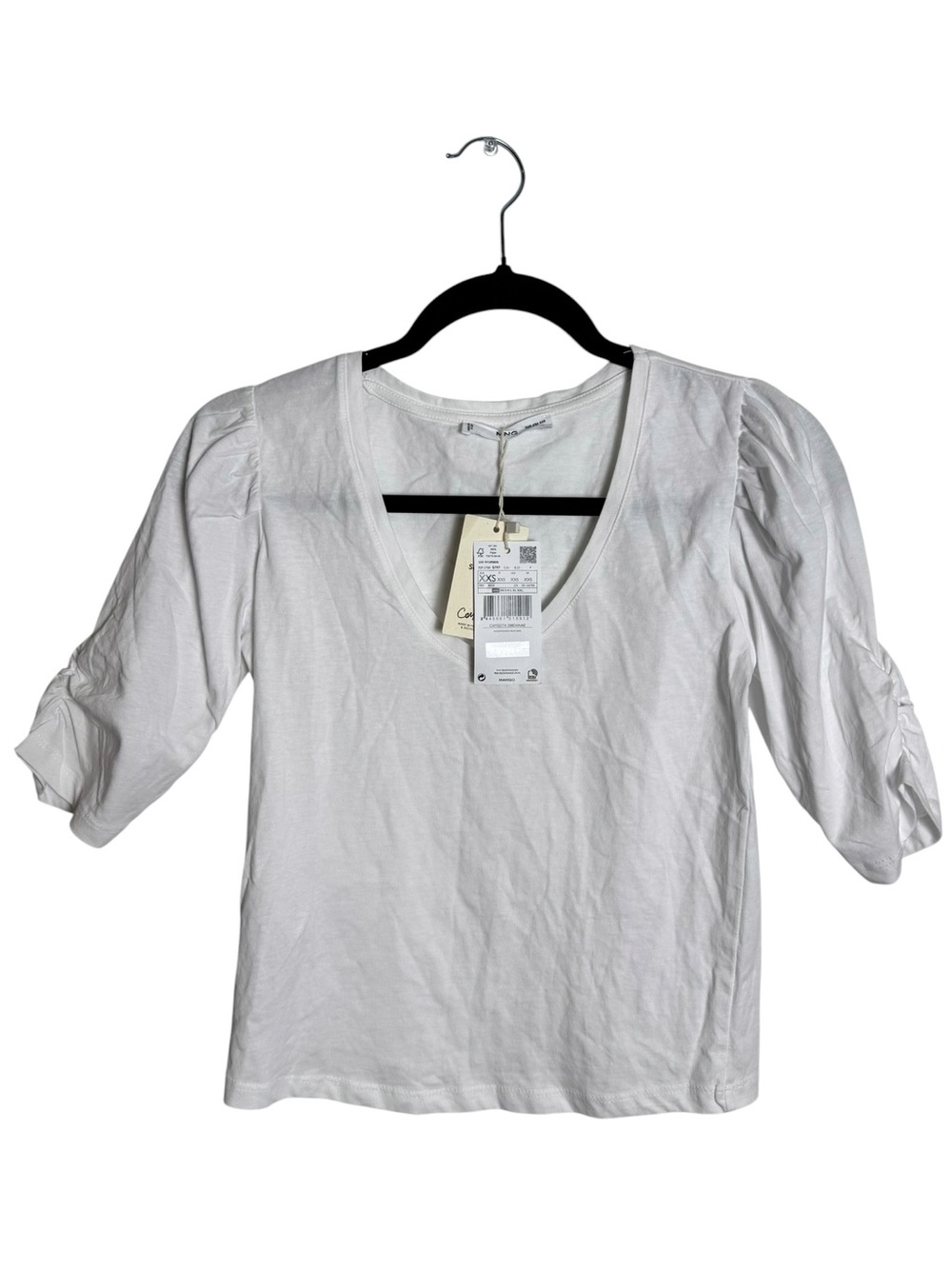 NWT Mango MNG Essential Puff Sleeve Ruched White Cotton Short Sleeve Tee